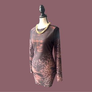 Long Sleeve Dress in Brown Abstract Leopard Print Mesh